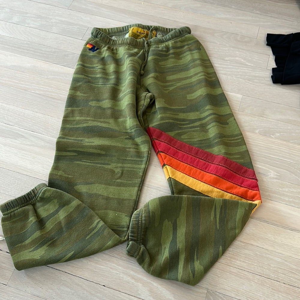 Aviator Nation Green Camo Pants with Rainbow Stripes
